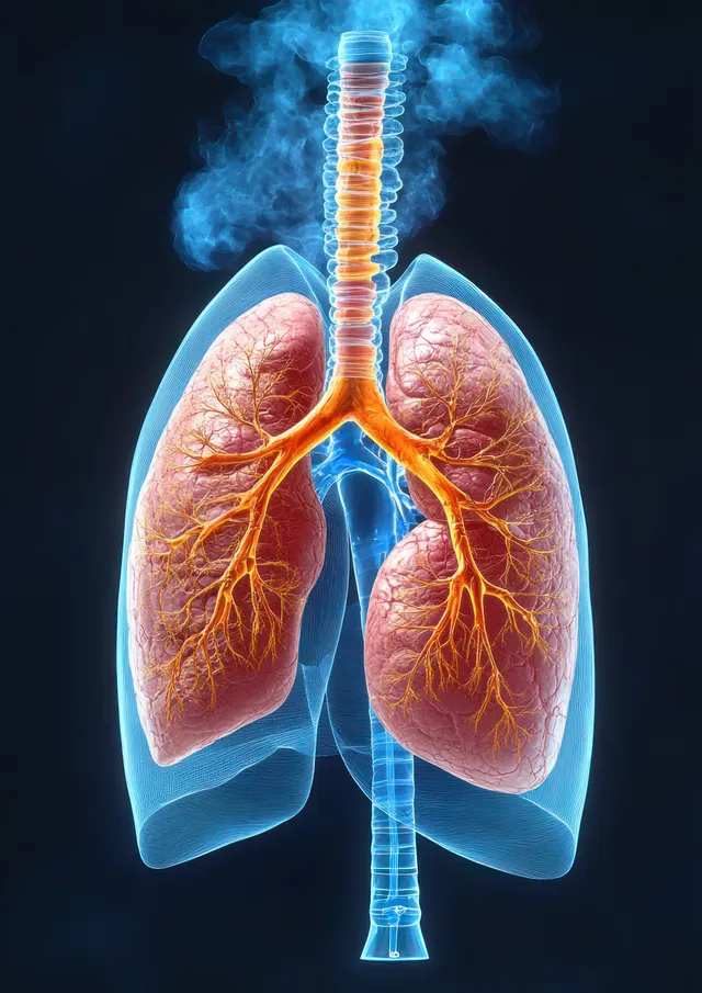 Human respiratory system cross-section showing trachea and bronchi with glowing lungs