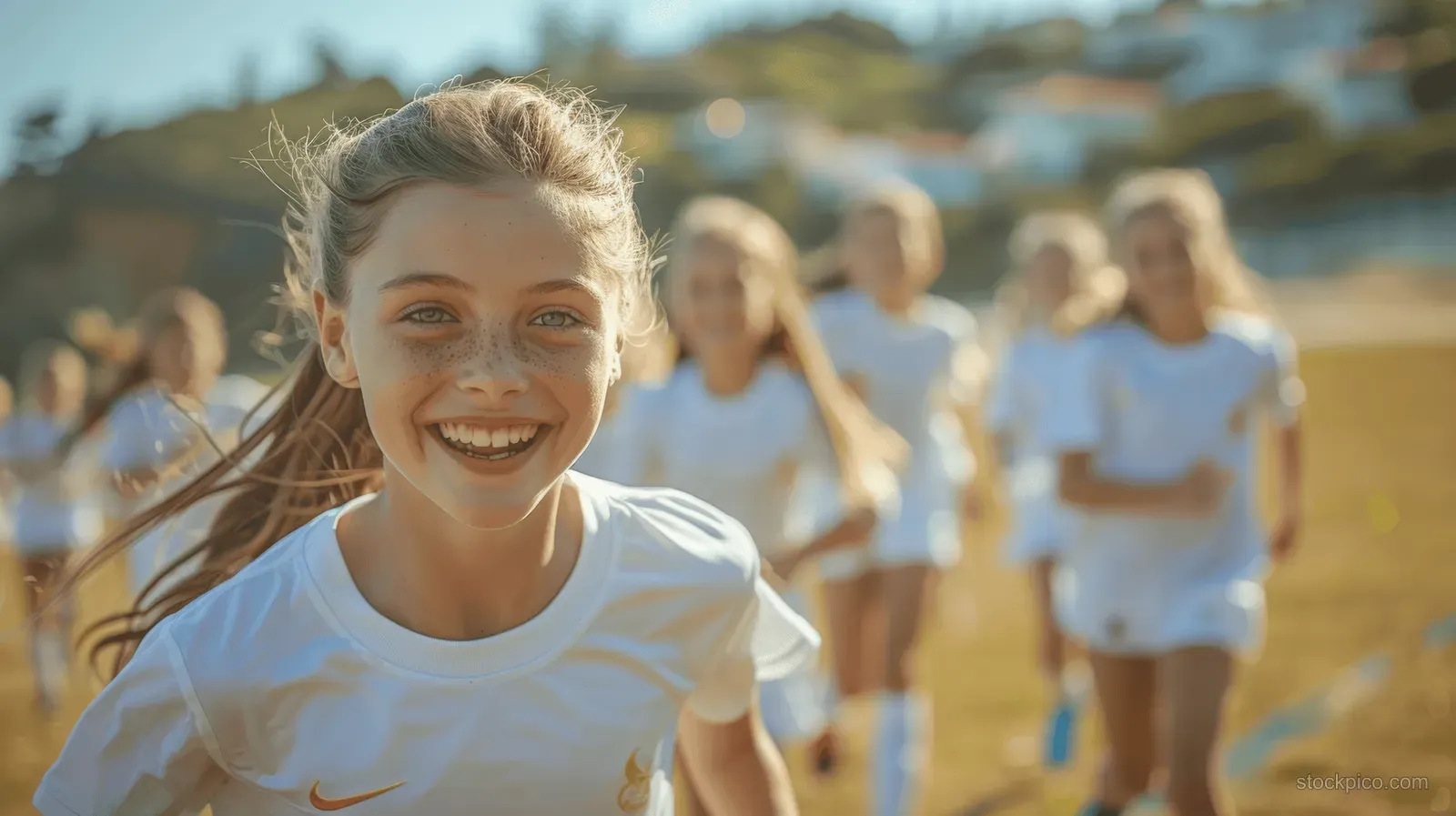 Teen girls soccer players run and dribble on an outdoor field in bright midday sun.