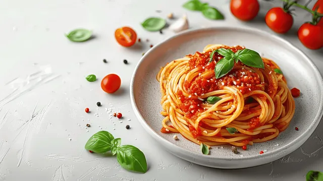 Spaghetti in tomato sauce with basil and parmesan on white plate, top view
