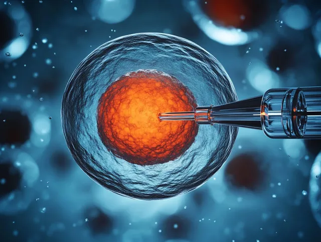 Microinjection needle punctures an orange cell inside a blue translucent membrane under microscope