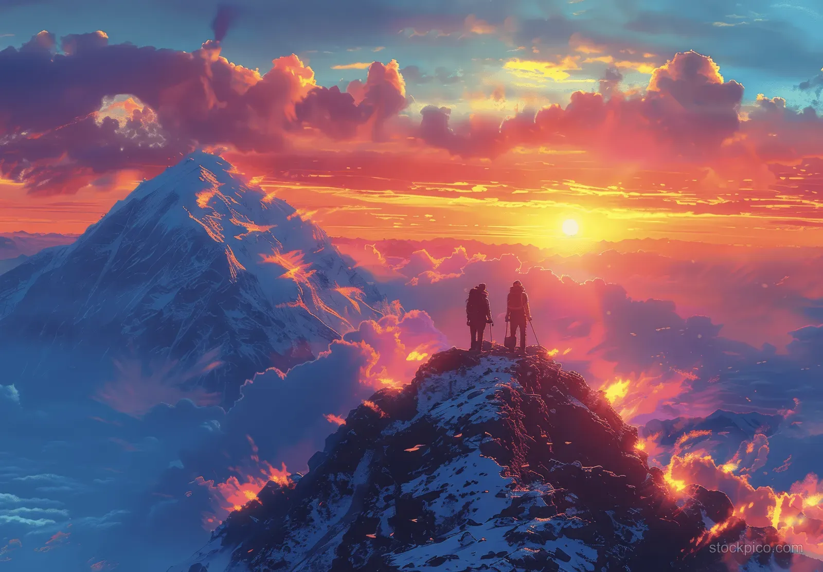 Silhouetted hikers on a snowy mountain ridge watch the sunrise over a sea of clouds.