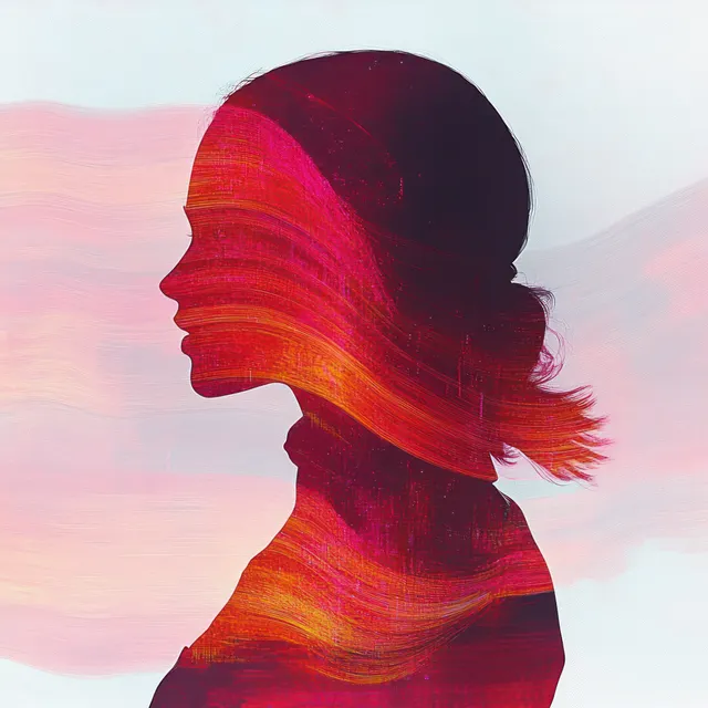 Side-profile woman silhouette facing left, with warm red-orange-pink brush strokes blending into a light misty background.