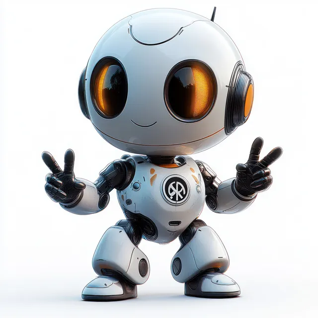 Pequeno robô branco com olhos laranja brilhantes fazendo sinais de paz com as duas mãos sobre um fundo simples.