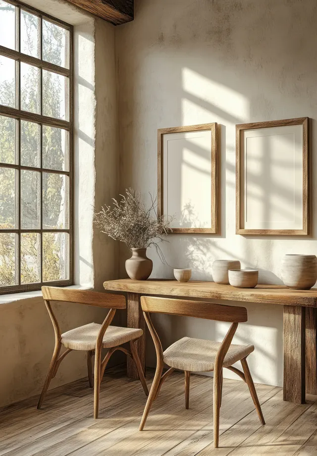 Minimalist wooden picture frames over a dining table with vase, cups, chairs, and sunlit window in the room.