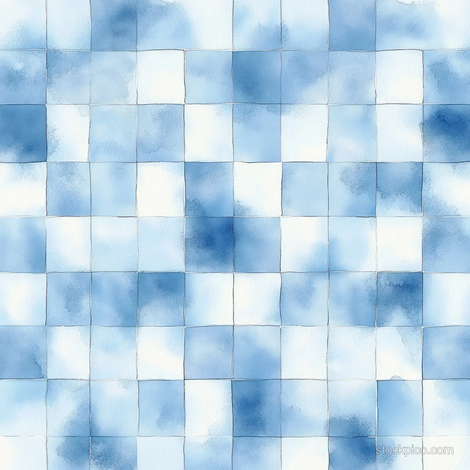 Blue and white watercolor checkered fabric background with softly blended square tiles.