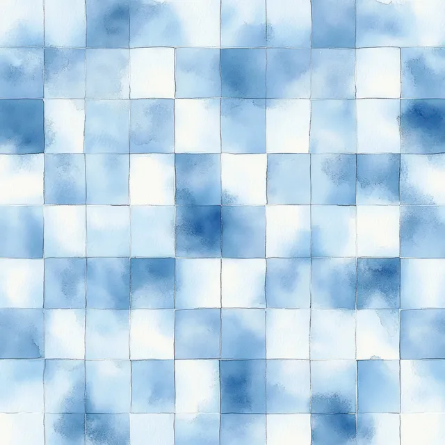 Blue and white watercolor checkered fabric background with softly blended square tiles.
