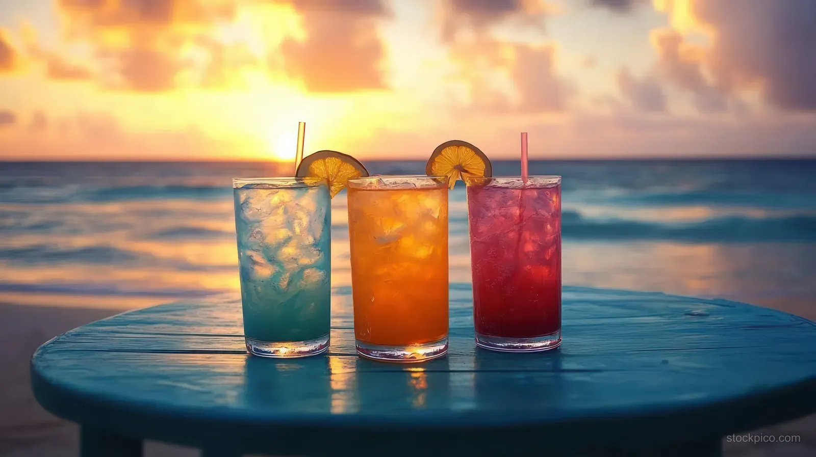 Three colorful iced drinks with lemon slices and straws on a blue table facing a calm ocean at sunset.