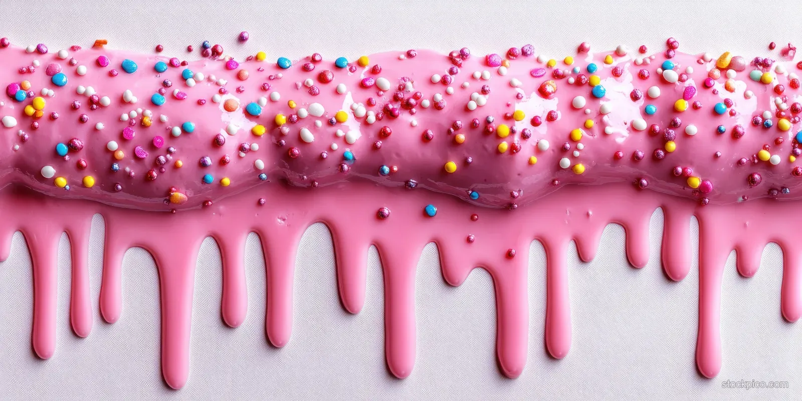 Glossy pink icing dripping in icicles with colorful round sprinkles on a white surface.