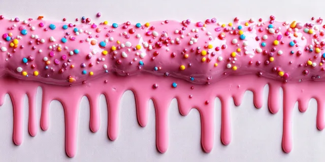 Glossy pink icing dripping in icicles with colorful round sprinkles on a white surface.
