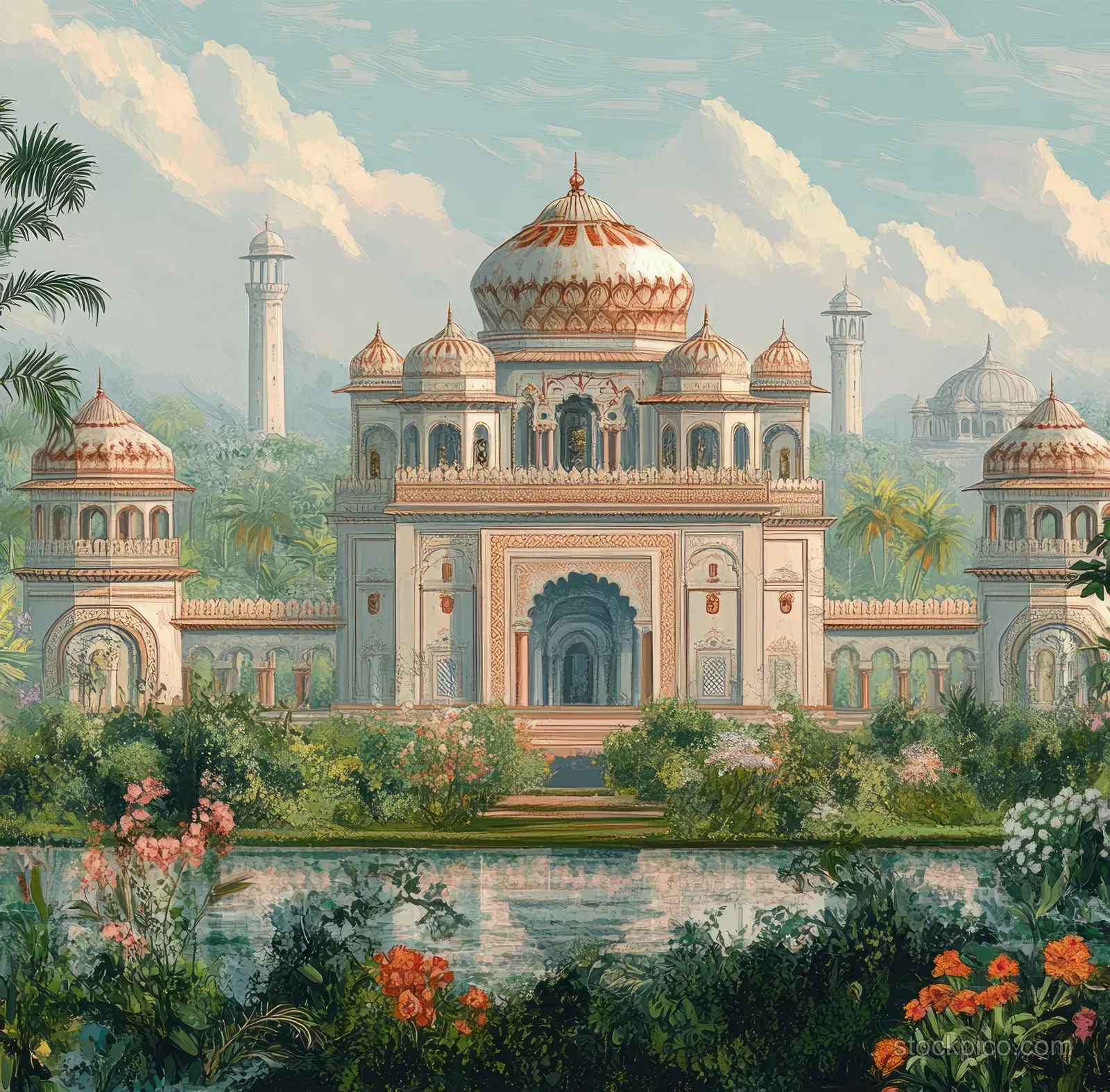Symmetrical Mughal palace garden with pastel sky, domes, arches, and a pond framed by blooming flowers.