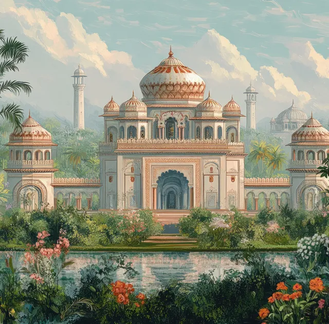 Symmetrical Mughal palace garden with pastel sky, domes, arches, and a pond framed by blooming flowers.