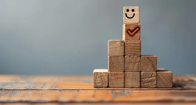 Wooden building blocks with checkmark and smiling face stacked on stairs