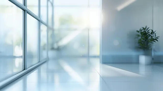 Minimal office interior with large glass windows and a blurred background lit by soft daylight.