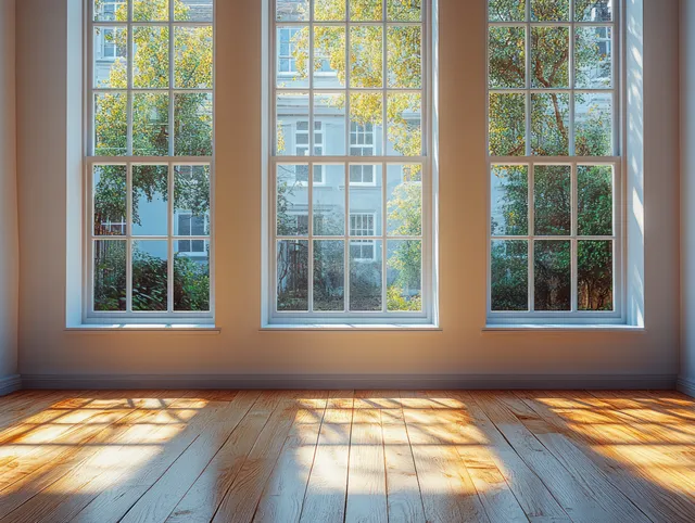 Empty picture frames sit on a blank wall as soft daylight from large windows casts long shadows on a wood floor.