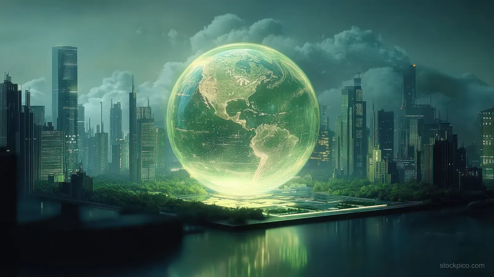 A glowing Earth hovers above a futuristic city skyline with haze and reflective lights suggesting sustainability reporting.