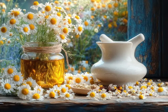 Chamomile flowers and a glass jar of golden infusion on rustic wood next to a white mortar and pestle.