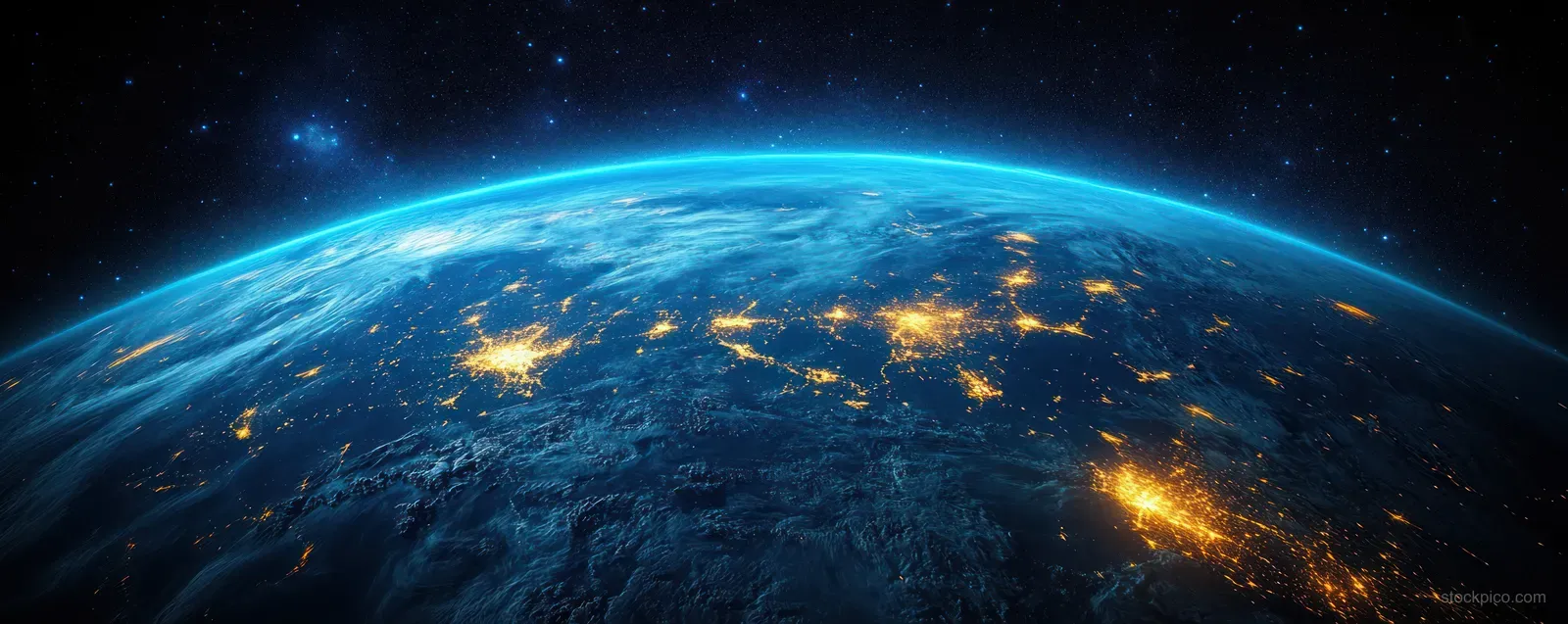 Earth seen from space at night with Asia illuminated by city lights against a dark starry sky.