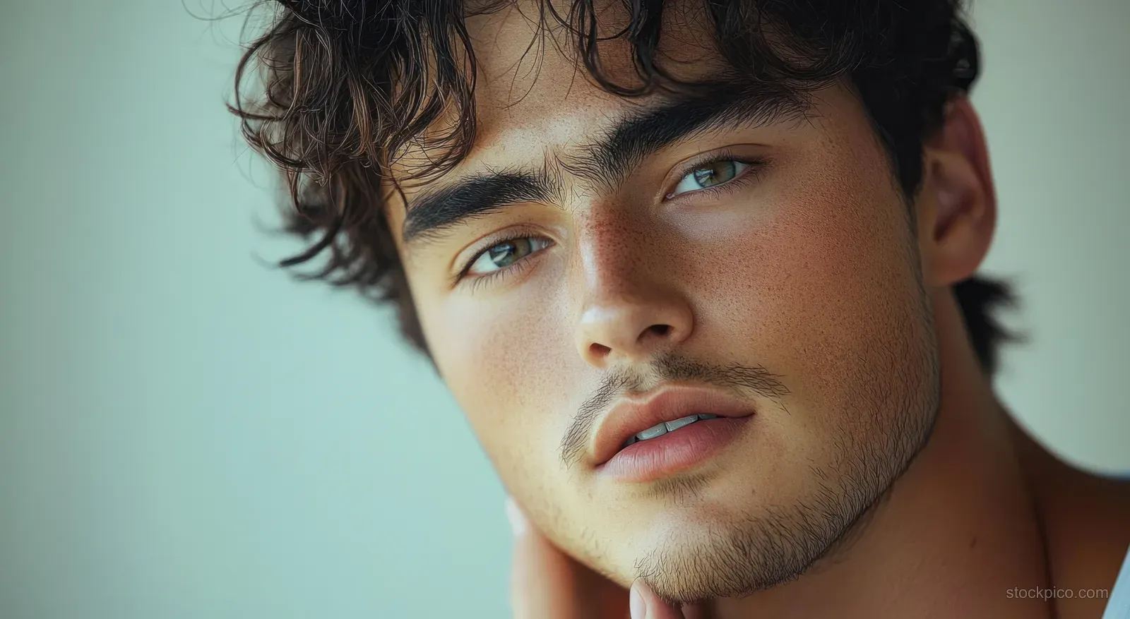 Young man touching his face and looking concerned about his skin under soft natural light.