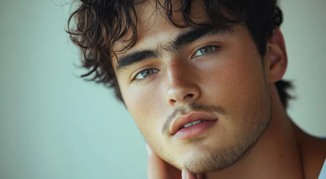 Young man touching his face and looking concerned about his skin under soft natural light.