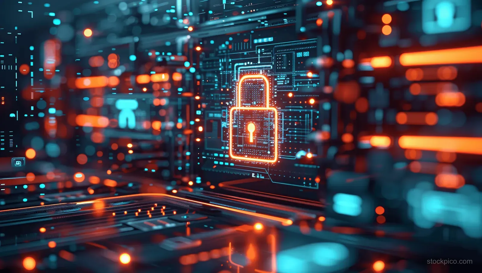 A glowing digital padlock sits over illuminated server and network circuitry for authentication security.