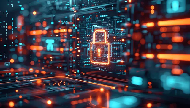 Digital padlock over glowing network circuitry for multi-factor authentication security
