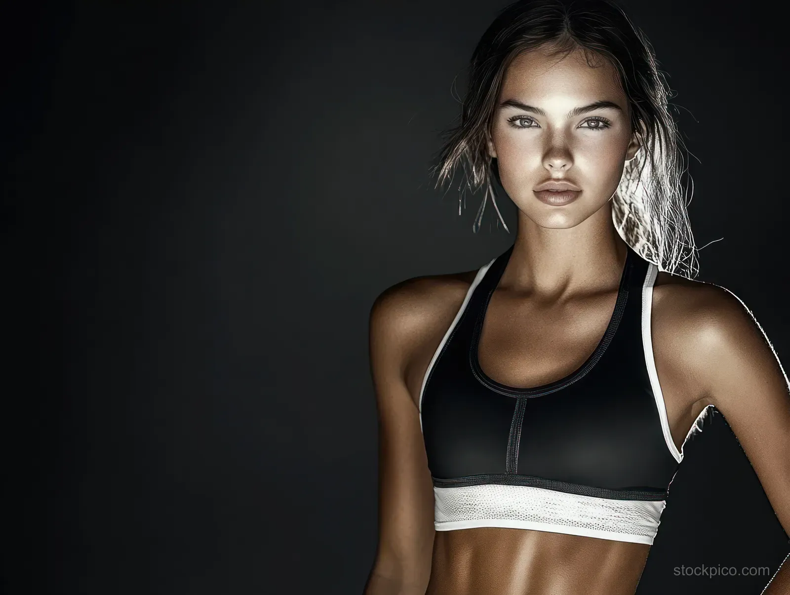Fit young woman in a sports bra confidently poses against a dark studio background with focused expression.