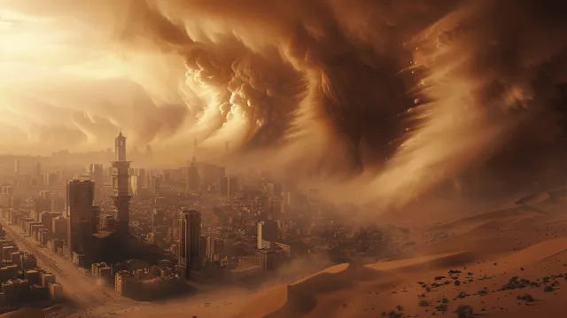 A haboob sandstorm blankets a city skyline as dust streams swirl through an orange sunset sky.