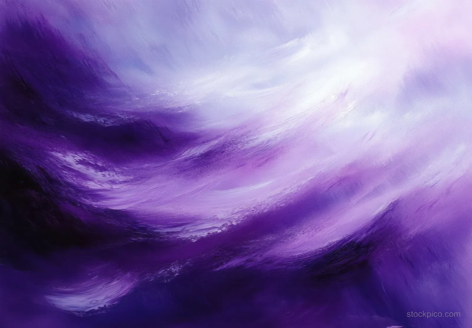 Purple and white abstract waves swirl across a soft misty gradient with blended brushstroke texture.