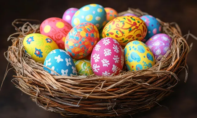 Colorful patterned Easter eggs filled a rustic twig nest against a dark background.