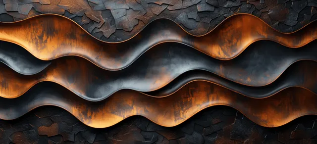 Wavy 3D carved dark wood ridges sit over a rugged stone texture background with warm copper highlights.