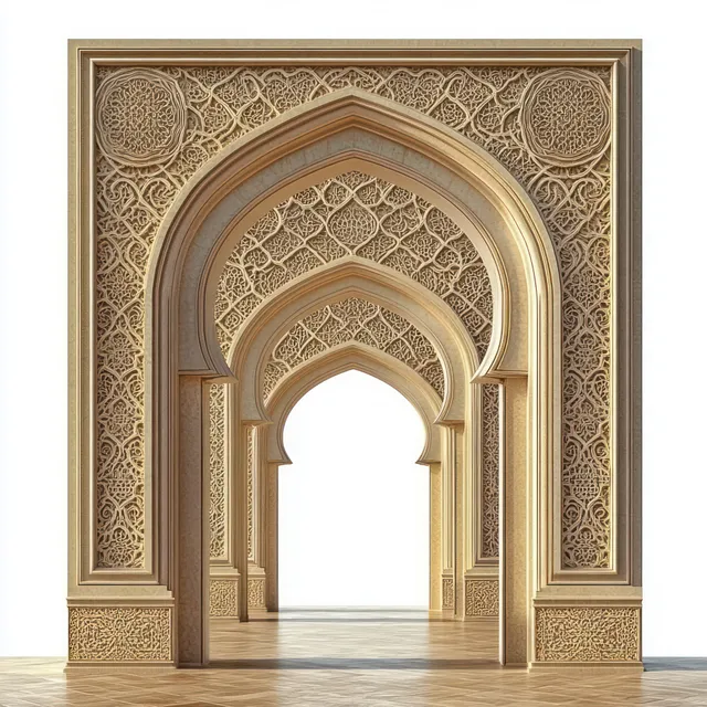 Beige carved stone archway corridor with arabesque patterns and geometric borders leading to a bright opening.