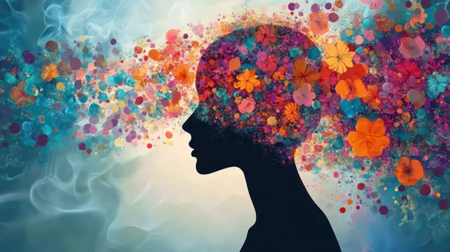 Side-profile head silhouette filled with colorful flowers and abstract particles bursting into a blue dreamlike background.