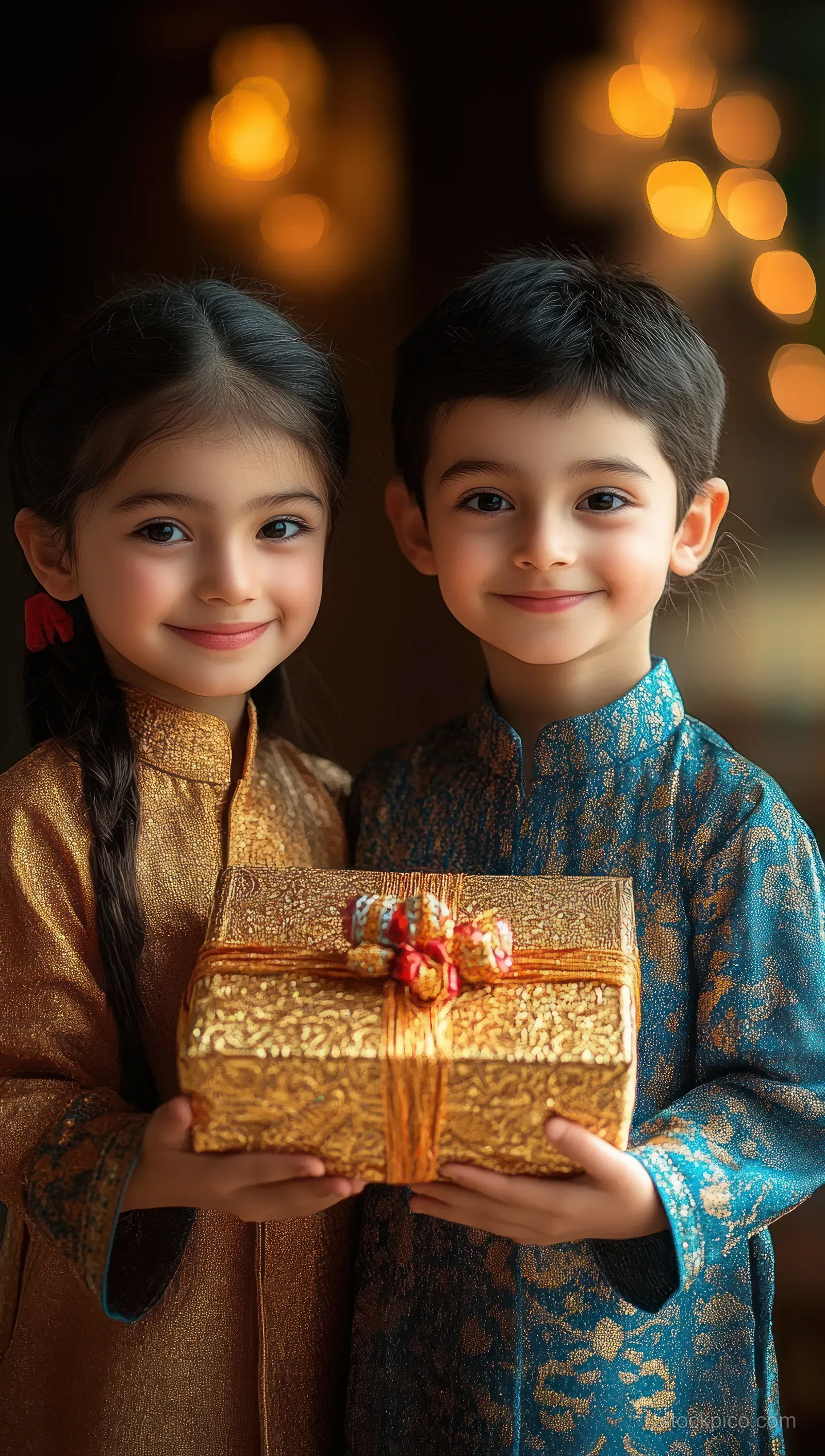 Brother and sister in traditional Indian outfits smile while holding a wrapped gift with warm festive bokeh lights behind them.