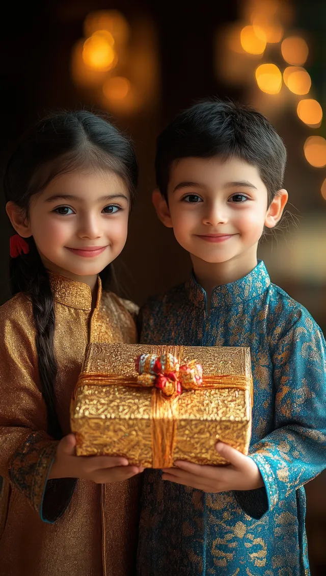 Brother and sister in traditional Indian outfits smile while holding a wrapped gift with warm festive bokeh lights behind them.