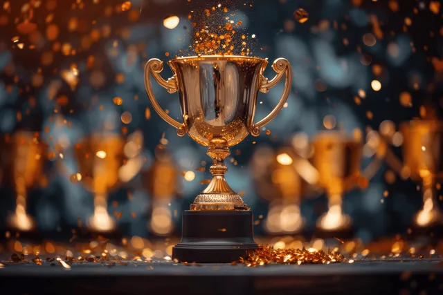 Gold trophy cup on dark stage with sparkling confetti falling in warm bokeh