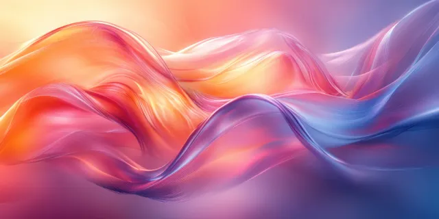 Translucent abstract ribbons flow across a pink, orange, and blue gradient background.