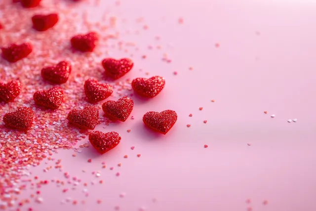 Red glitter heart confetti is scattered on a pastel pink background with soft blur.