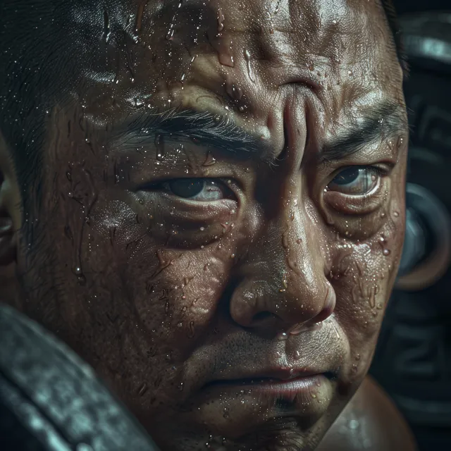 Focused Taiwanese weightlifter holding a barbell in a gym, intense expression and chalk