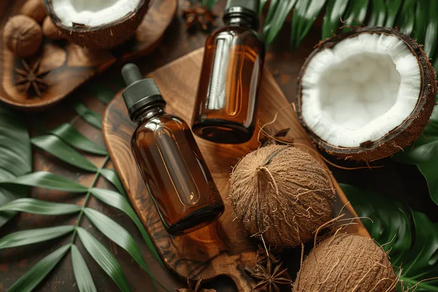 Brown dropper bottles are placed on wood beside coconut halves and green palm leaves.