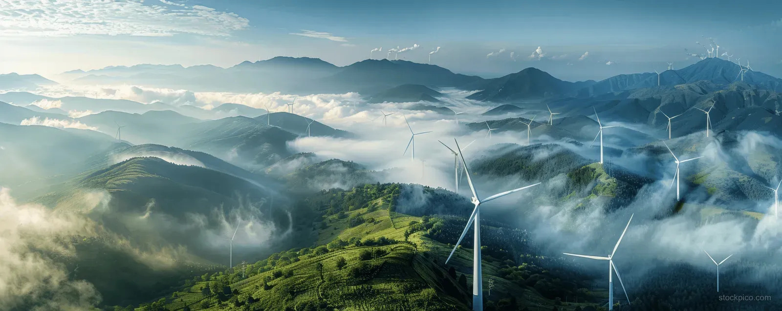 Aerial image shows multiple wind turbines on a mountain ridge overlooking foggy green valleys.