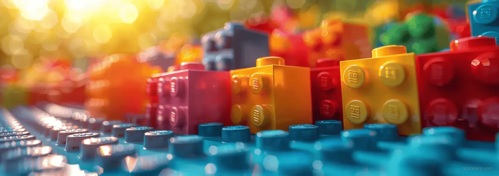 Colorful plastic building blocks stacked in rows with a warm blurred light background.