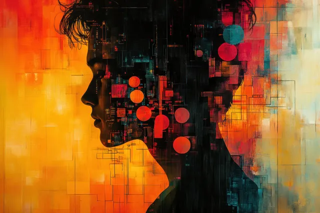 Young woman in profile with glowing EKG line traces layered over red and blue circuit-like medical patterns.