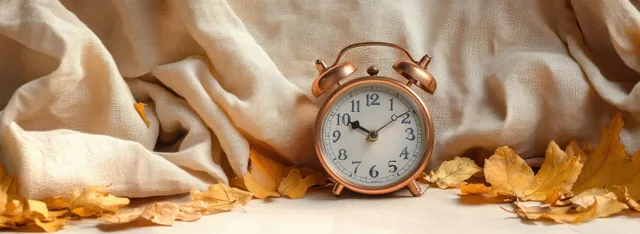 Copper vintage alarm clock centered on soft beige fabric with autumn leaves scattered nearby.