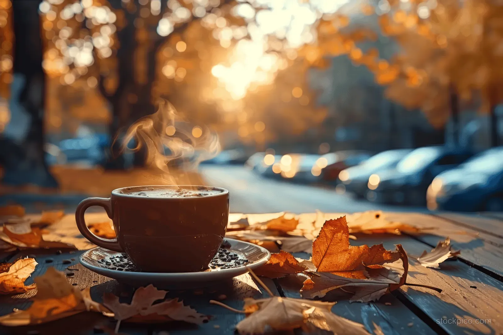 Steaming coffee cup on a wooden table with fallen autumn leaves and blurred street cars in the background.