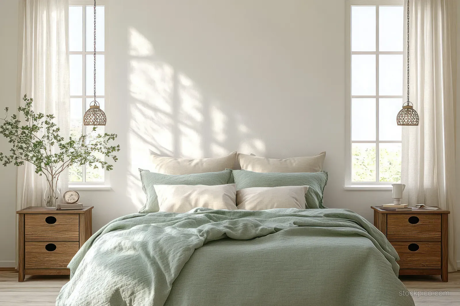 Unmade bed with pastel green bedding in a minimalist Scandinavian bedroom with soft sunlight through tall windows.