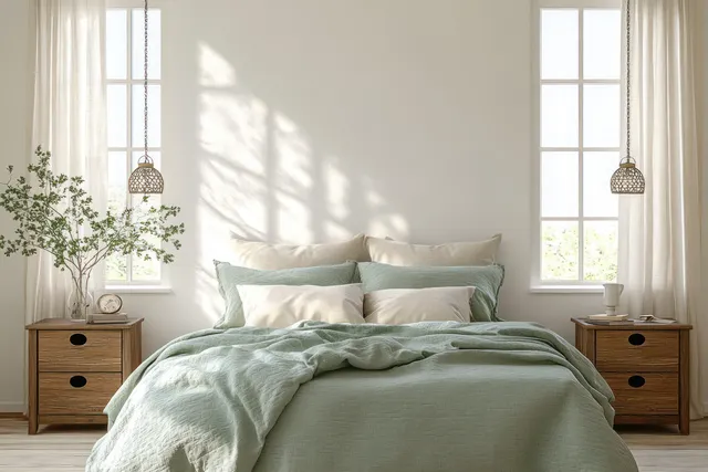 Unmade bed with pastel green bedding in a minimalist Scandinavian bedroom with soft sunlight through tall windows.