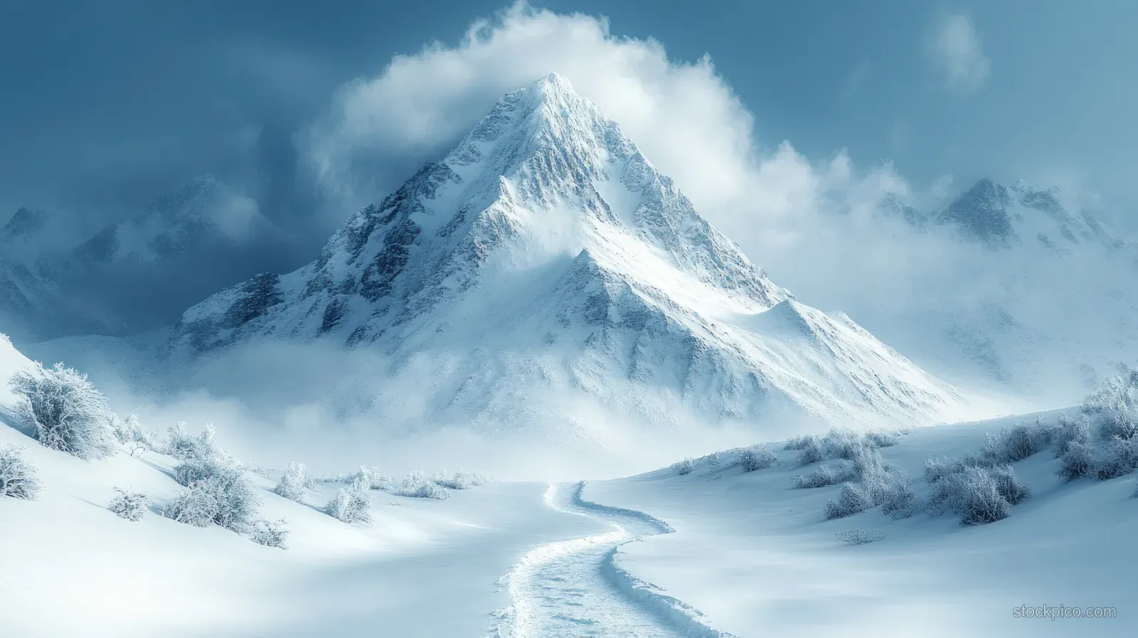 Snowcapped mountain peak with a winding trail across snowy slopes under blue winter haze.