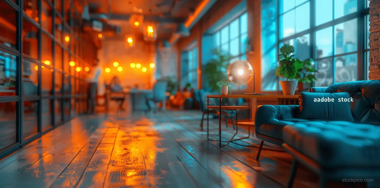 People in a conference room sit with laptops as the background lights blur into bokeh.