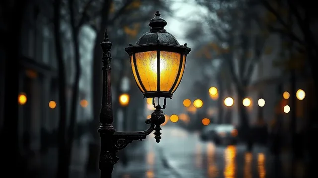 A vintage street lamp glows warmly on a rainy dusk city street with wet pavement and blurred lights.