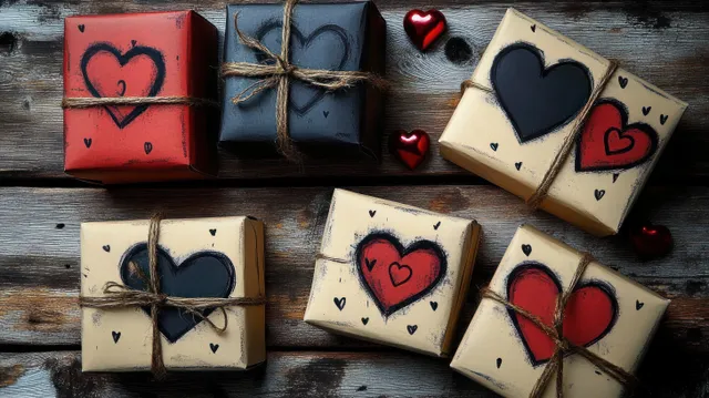 Six rustic gift boxes with hand-painted red and black hearts tied with twine sit on a wooden background with scattered small hearts.